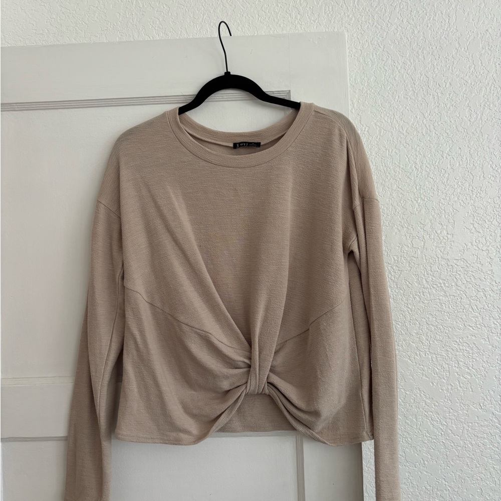 Beige Long Sleeve Twist Front Top